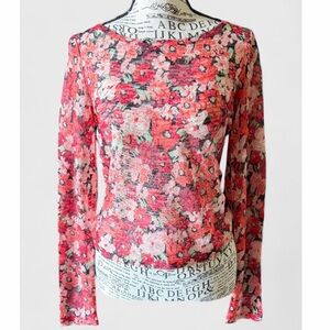 American Rag Cie Sheer Floral Mesh Long Sleeve Babydoll Crop Top - size Small